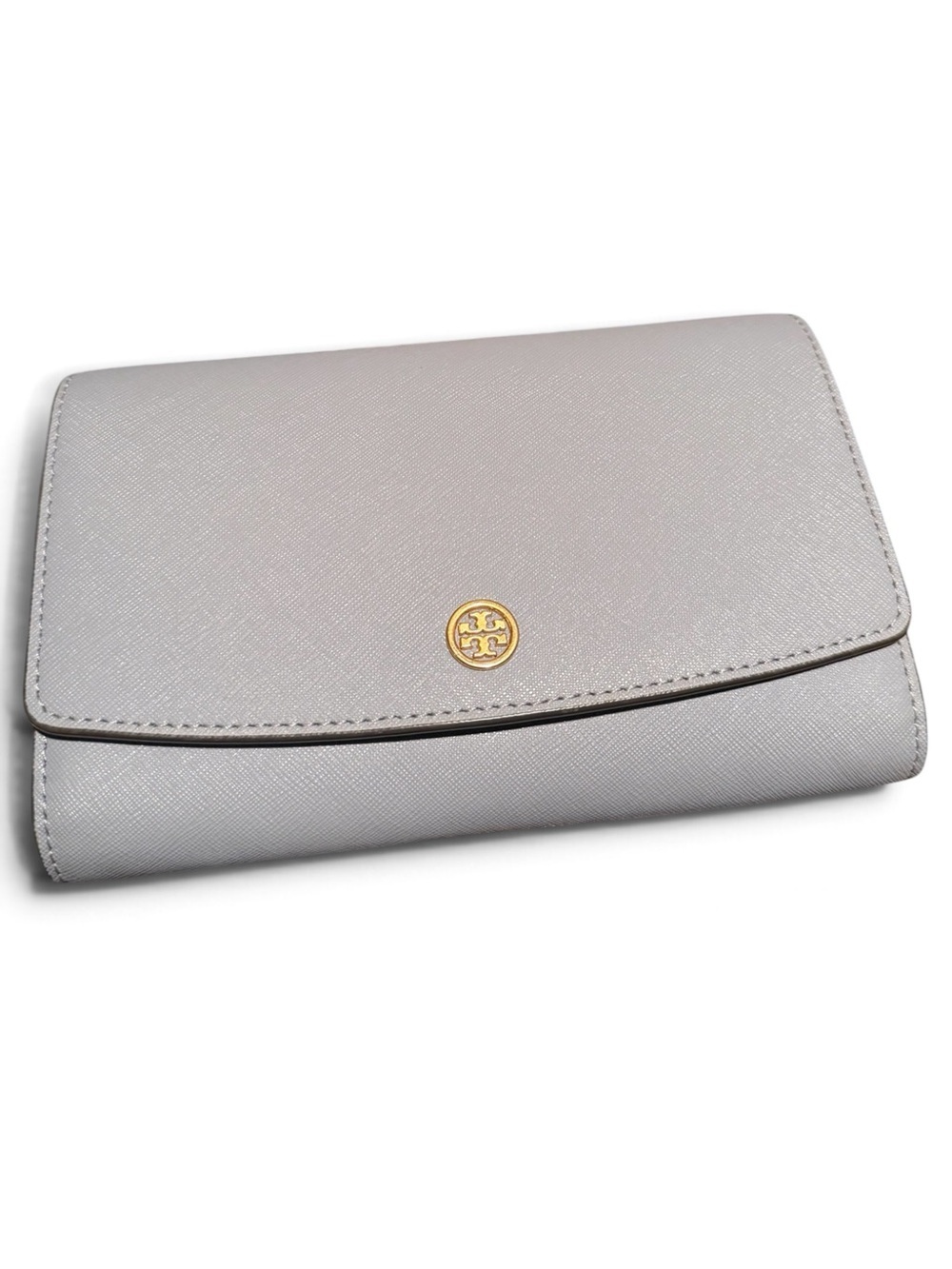 Tory Burch Light Grey Leather Chain-Shoulder Crossbody with Gold Hardware